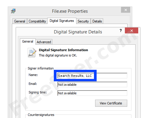 Screenshot of the Search Results, LLC certificate